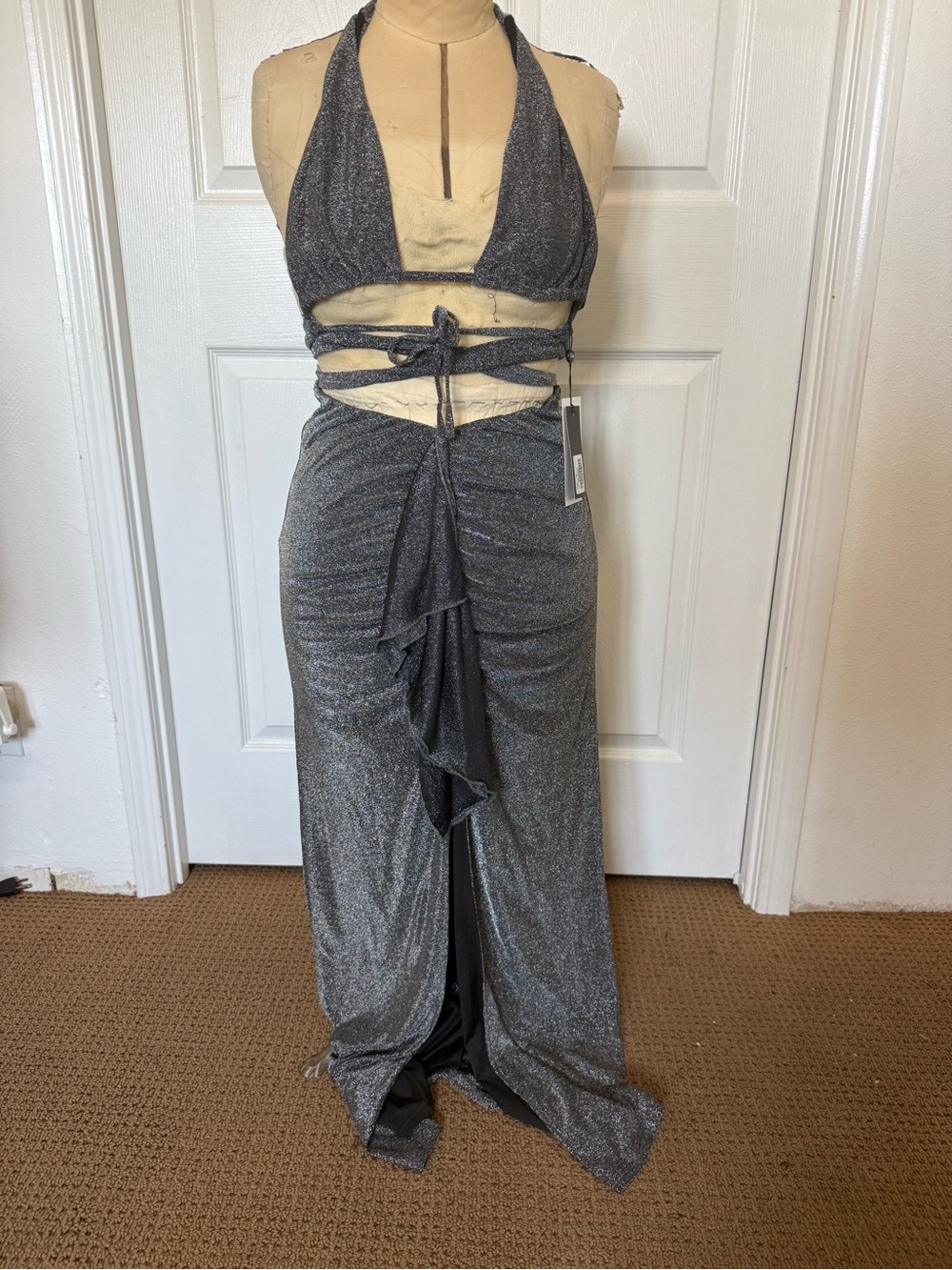 Tiger Mist Sparkle Halter Cutout Maxi Dress in Charcoal - Picture 2 of 6